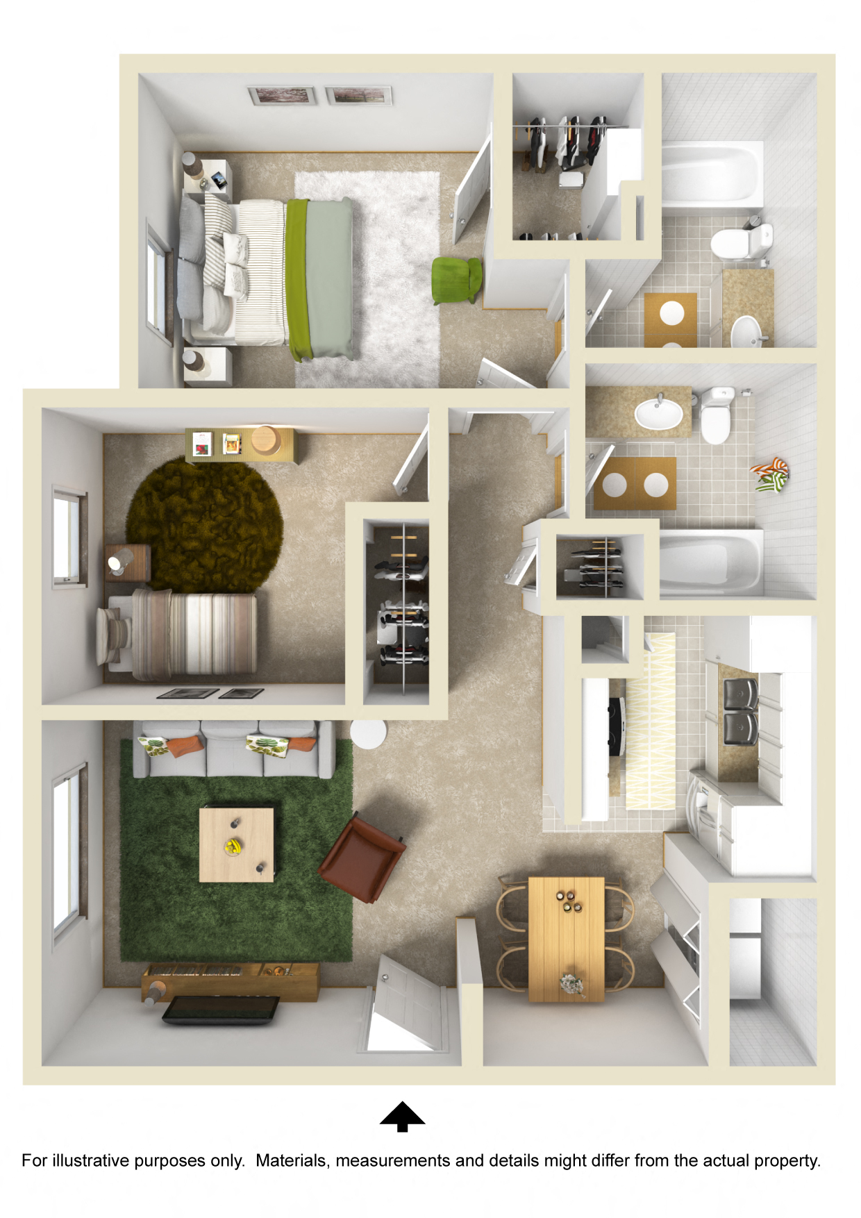 Floor plan for 2 beds, 2 baths, 835 sqft